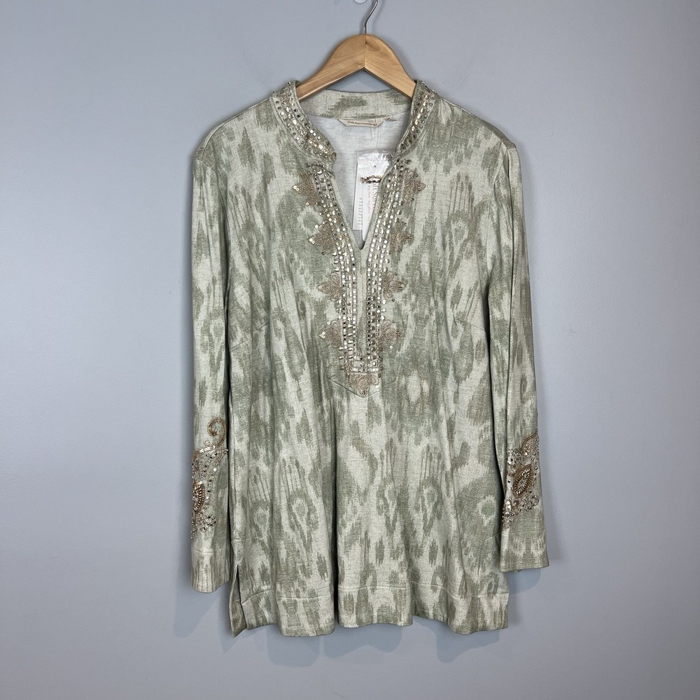 Soft Surroundings Green Sequin Top Womens Size Large Indah Ikat Tunic NWT